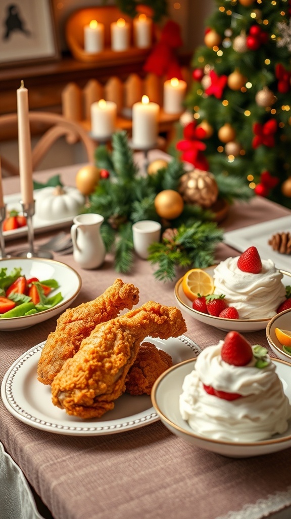 Japanese Christmas dinner with fried chicken, strawberry shortcake, and seasonal vegetables on a festive table.